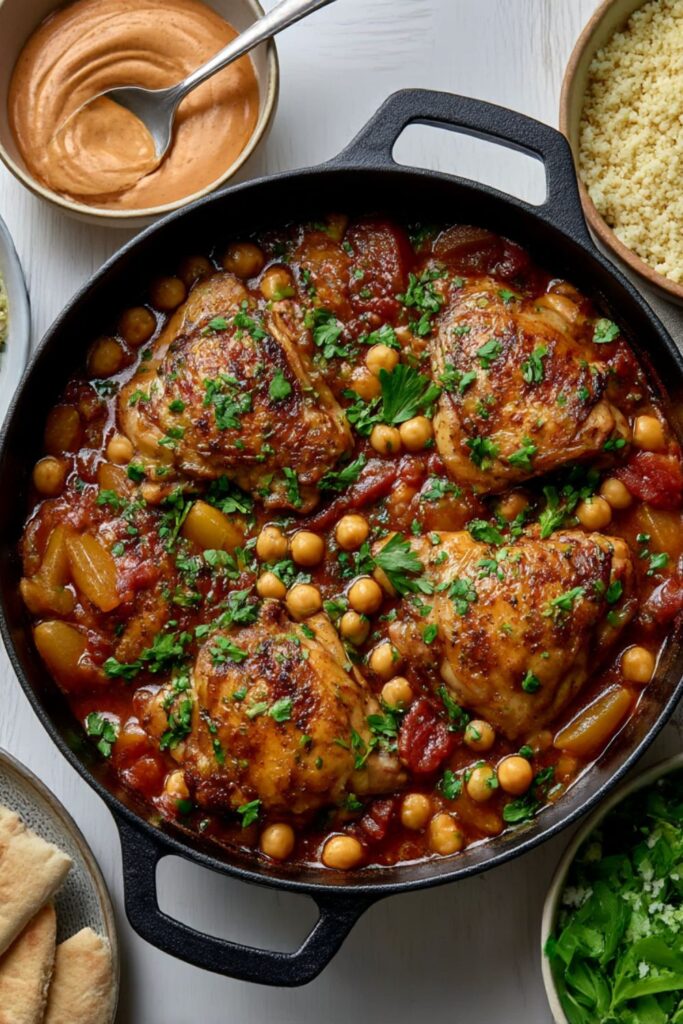 Bobby Flay Chicken and Chickpea Tagine with Apricots and Harissa Sauce