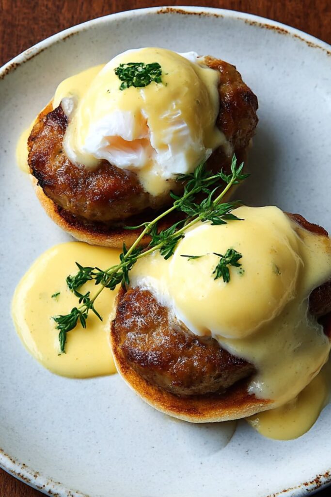 Bobby Flay Eggs Benedict with Apple Sausage and Mustard Hollandaise Recipe
