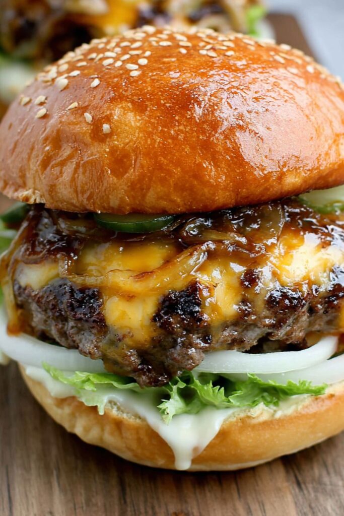 Bobby Flay Hamburger with Double Cheddar Cheese, Grilled Vidalia Onion and Horseradish Mustard Recipe