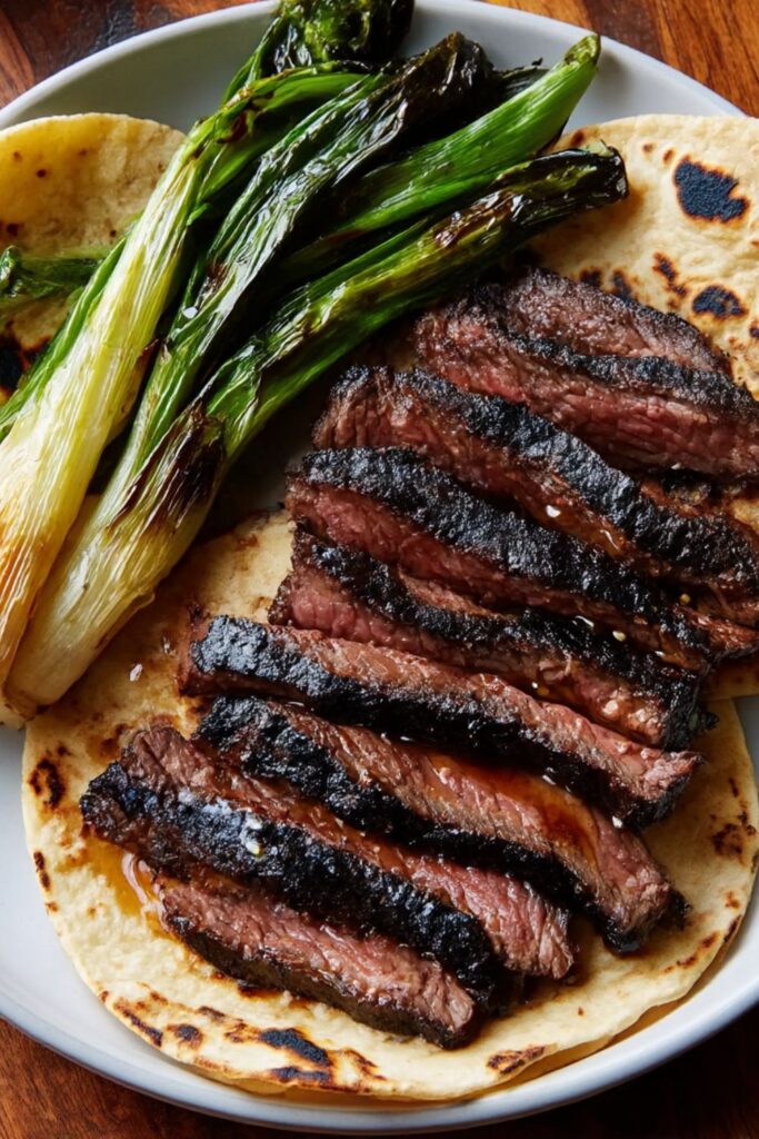 Bobby Flay Korean-Style Marinated Skirt Steak with Grilled Scallions and Warm Tortillas Recipe
