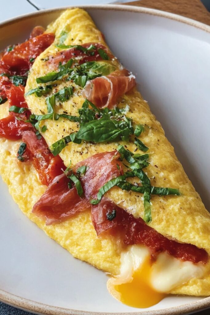 Bobby Flay Omelet with Prosciutto, Roasted Peppers, Fresh Mozzarella, Basil Recipe