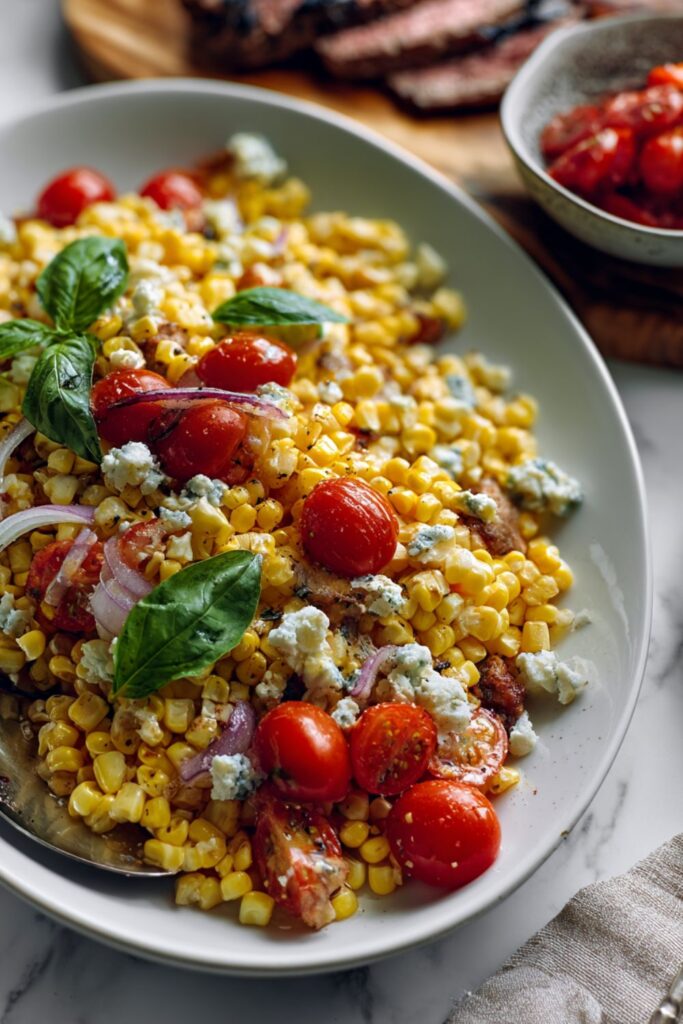 Bobby Flay Grilled Corn and Tomato-Sweet Onion Salad with Fresh Basil Dressing and Crumbled Blue Cheese Recipe
