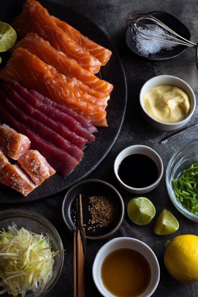 Bobby Flay Seared Tuna, Yellowtail and Salmon with Three Dipping Sauces Recipe