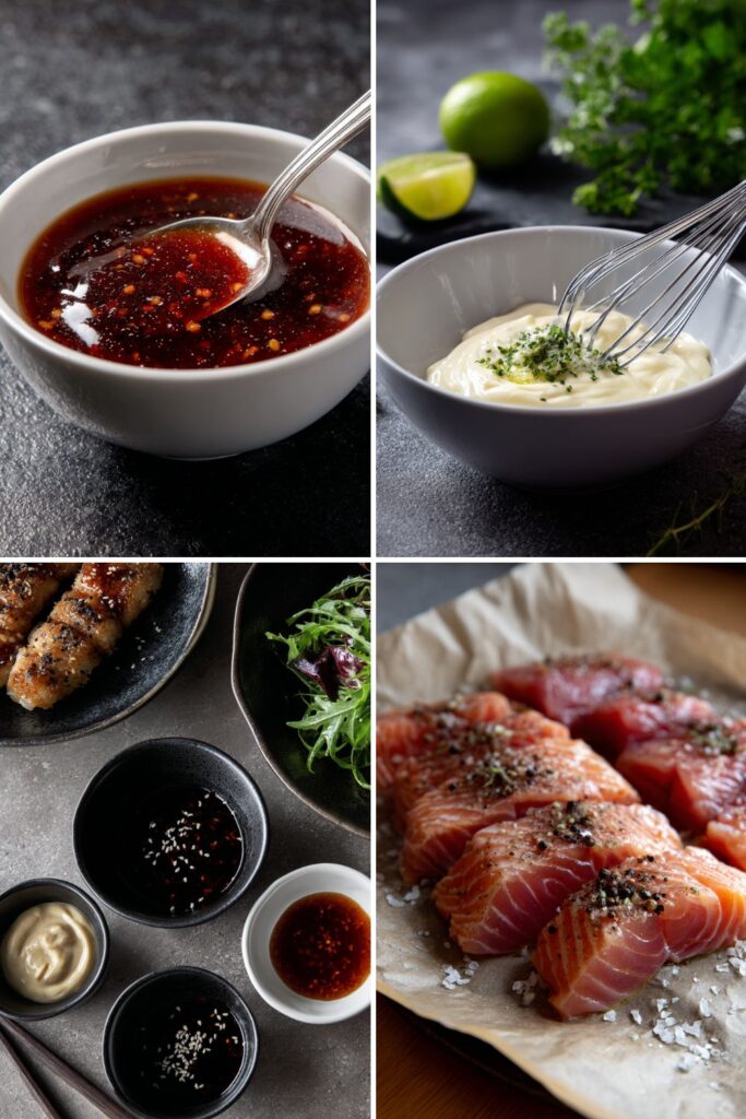 Bobby Flay Seared Tuna, Yellowtail and Salmon with Three Dipping Sauces Recipe