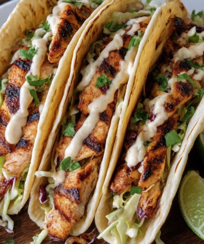 Bobby Flay Chicken Tacos with Grilled Poblanos & BBQ Onions Recipe