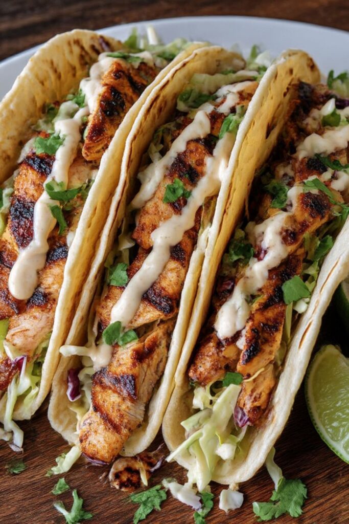 Bobby Flay Chicken Tacos with Grilled Poblanos & BBQ Onions Recipe