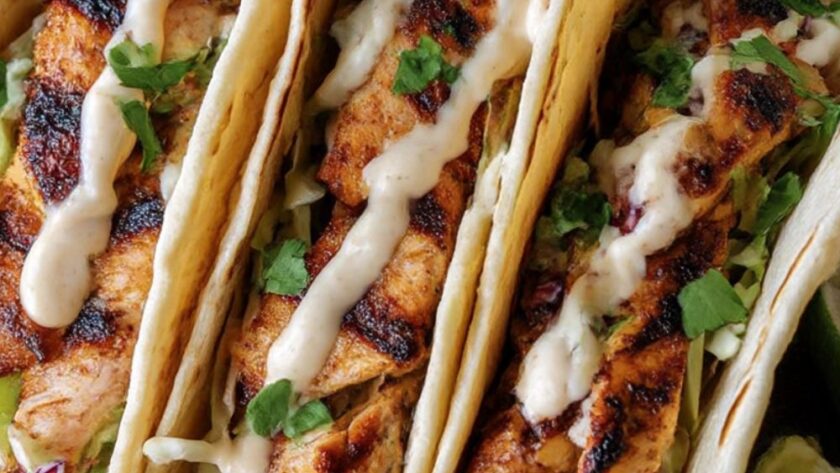Bobby Flay Chicken Tacos with Grilled Poblanos & BBQ Onions Recipe