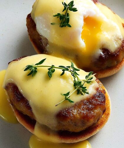 Bobby Flay Eggs Benedict with Apple Sausage and Mustard Hollandaise Recipe