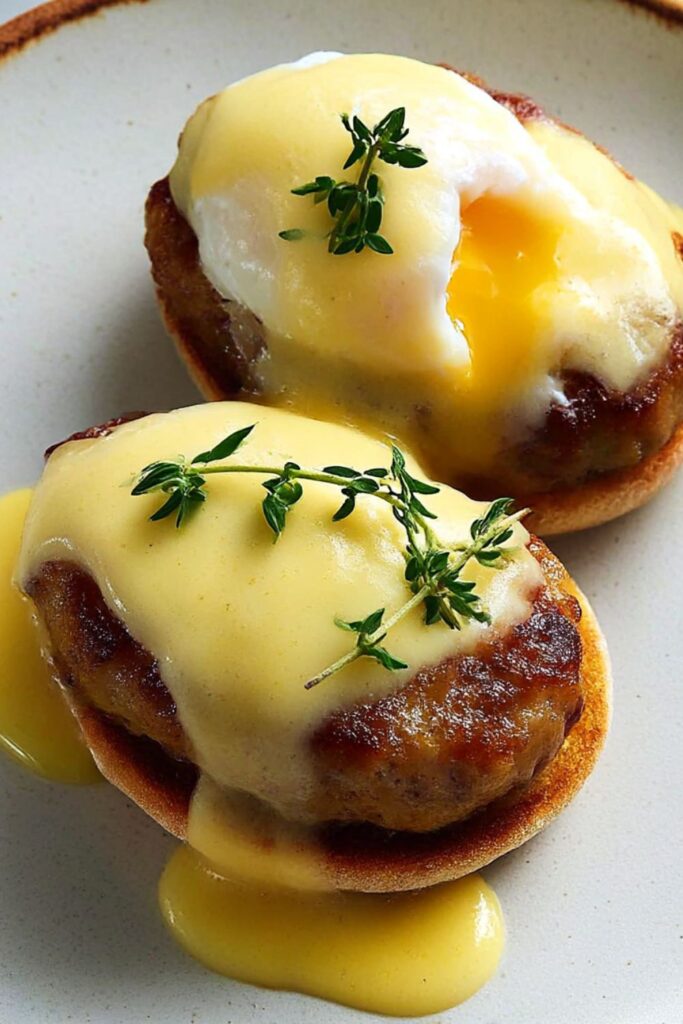 Bobby Flay Eggs Benedict with Apple Sausage and Mustard Hollandaise Recipe