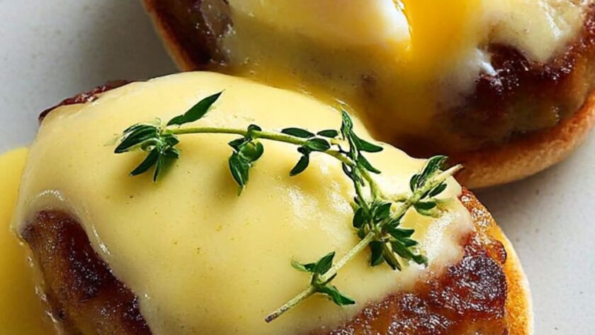 Bobby Flay Eggs Benedict with Apple Sausage and Mustard Hollandaise Recipe