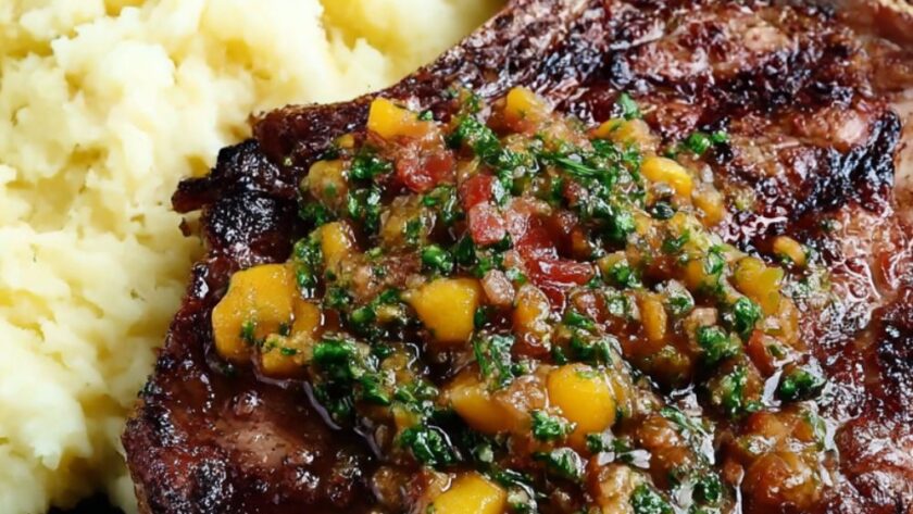 Bobby Flay Grilled Rib Eye Steak with Mango Chimichurri