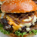 Bobby Flay Hamburger with Double Cheddar Cheese, Grilled Vidalia Onion and Horseradish Mustard Recipe