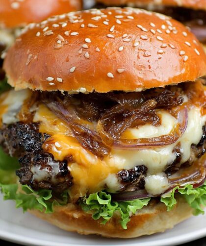 Bobby Flay Hamburger with Double Cheddar Cheese, Grilled Vidalia Onion and Horseradish Mustard Recipe