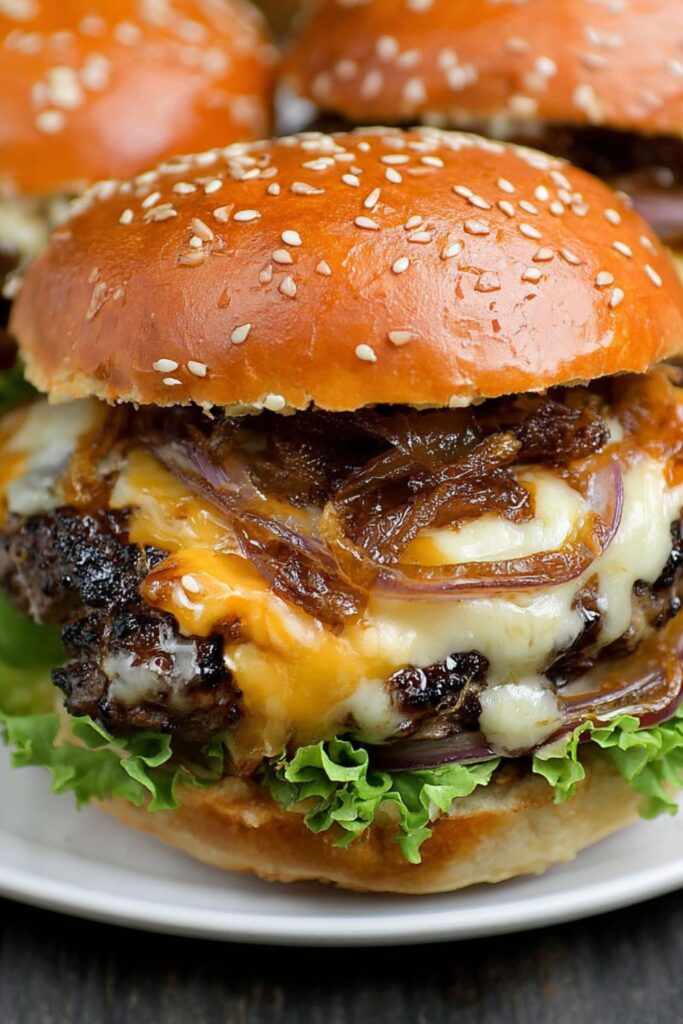Bobby Flay Hamburger with Double Cheddar Cheese, Grilled Vidalia Onion and Horseradish Mustard Recipe