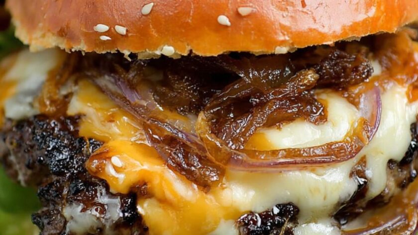 Bobby Flay Hamburger with Double Cheddar Cheese, Grilled Vidalia Onion and Horseradish Mustard Recipe