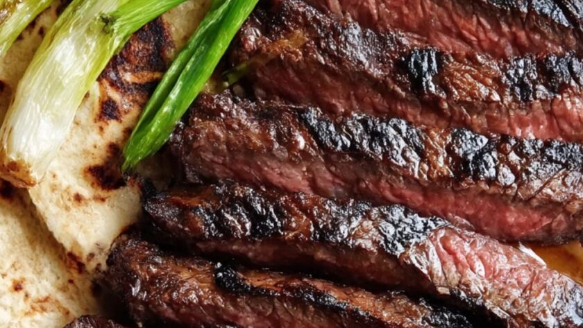 Bobby Flay Korean-Style Marinated Skirt Steak with Grilled Scallions and Warm Tortillas Recipe