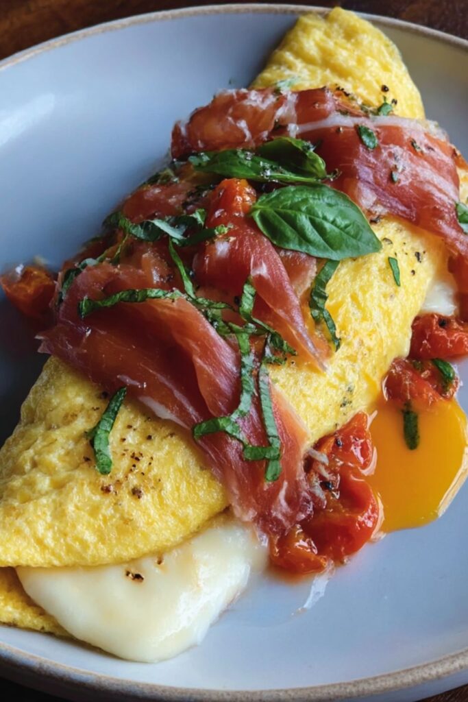 Bobby Flay Omelet with Prosciutto, Roasted Peppers, Fresh Mozzarella, Basil Recipe
